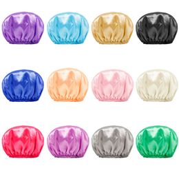 Double Layer Solid Colour Satin Waterproof Hat Beanie Adjustable Bath Caps Headwear Hair Care For Women Girl