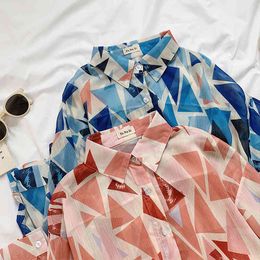 Summer Women's Chiffon Shirt Vintage Triangle Geometric Pattern Blouses Long Sleeve Temperament Outer Wear Top Female 210514