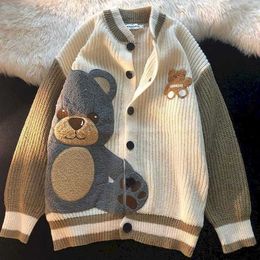 Men and Women Cardigan Retro Colour Matching Cute Bear Sweater Embroidery Streetwear Oversized Harajuku Knitwear Coat Clothing 211014