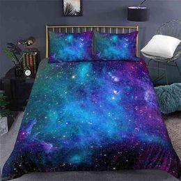 Galaxy nevresim kraliçe renkli yıldızlı yatak seti dış uzay yorgan kapak gökyüzü ışık baskılı yatak örtüsü çocuklar için 210706