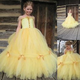 Yellow Ball Gown Girls Pageant Dresses Off Shoulder Bow Tiered Skirts Puffy Flower Girl Birthday Party Dress Custom Made