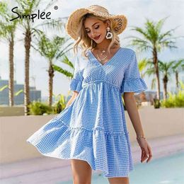 Simplee V-neck ruffle sleeves blue plaid women dress Lace up short sleeve high waist knee length dress Summer elegant lady dress 210409