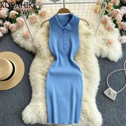 Knitted Sleeveless Dresses Women Korean Buttons Turn-down Collar Sweater Vestidos Stretch Bodycorn Dress 6H791 210603