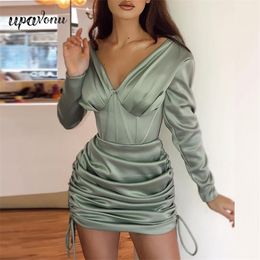 Free Women's Satin Dress Sexy V-neck Long Sleeve Green Bodycon Drawstring Draped Club Party Mini 210524