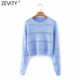 Zevity Women Hollow Out Embroidery Long Sleeve Crochet Knitting Sweater Female Chic Basic Candy Colors Pullovers Tops S636 210603