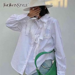 Casual Lace Up Bowknot Shirt For Women Lapel Long Sleeve White Loose Blouse Female Fashion Clothing Spring 210524