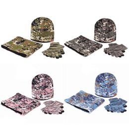 Men Women Winter 3pcs Camouflage Knit Beanie Hat Scarf Touch Screen Gloves Set Thick Plush Lining Skull Cap Neck Warmer