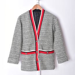 2022 Spring Long Sleeves V Neckline Black Jacket French Style Striped Print Tweed Panelled Contrast Trim Single-Breasted Jackets Outwear Coats 20S273285