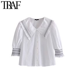 TRAF Women Sweet Fashion Patchwork Smocked Trims Ruffle Blouses Vintage Short Sleeve Button-up Female Shirts Chic Tops 210415