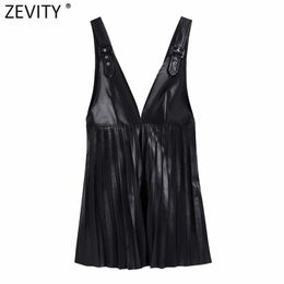 Women Vintage Deep V Neck Faux Leather Pleated Vest Skirt Adjustable Straps Casual Mini Dress Chic Vestido Mujer DS4838 210420