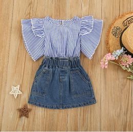 Kids Baby Girls Fashion 2 piece Outfit Set Fly Sleeve Striped Tops + Denim Skirt Girl Clothes