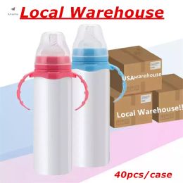 New 2022 Local Warehouse! 8oz Sublimation Baby Bottles Straight Handle White Blank Kids Cups Pink Blue Heat Transfer Tumblers Stainless Steel Water Bottles