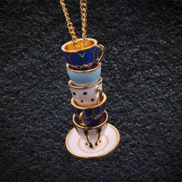 Pendant Necklaces Long Tea Cups Stack Necklace Hand Made Teacup Sweater Chain Stereoscopic Enamel Jewelry Women Collar