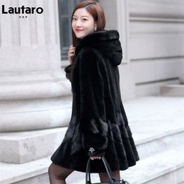 Lautaro Winter Long Black Skirted Warm Patchwork Faux Fur Coat Women Hood Sleeve Fluffy Jacket Elegant Luxury Fashion 211220