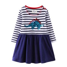 Jumping Meters Party Dresses for Baby Girls Clothing Dinosaurs Beading Cotton Stripe Tutu Children Dress Autumn Spring Costume 210529