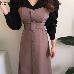 Nomikuma Contrast Colour Patchwork Vintage Dress Women Single Breasted Long Sleeve Sash Lace Up Korean Chic Dresses Vestido 3d547 210514