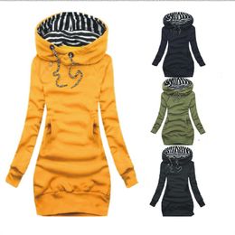 Fashion Women Sweatshirt Pullover Hoodies Long Sleeve Dress Striped Hooded Tops Drawstring Sweatshirts Slim