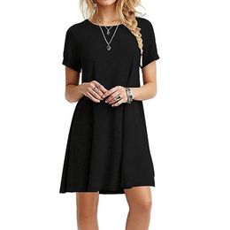 Casual Boho Beach Dresses Women O-Neck Summer Dress Short Sleeve Loose Casual Party Mini Dress Solid Swing Tshirt Dress Vestidos