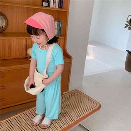 Children'S Clothing Summer Boy Girls Korean Thin Style Solid Colour Home Service Suit Baby T-Shirt + 7-Point Pants Two-Piece 210625