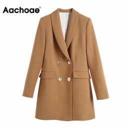 Aachoae Women Solid Casual Long Sleeve Blazer Coat Female Double Breasted Office Wear Blazers Notched Collar Pockets Jacket 210413