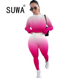 Winter Women Sport Fitness 2 Two Piece Set Outfits Long Sleeve Crop Tops Tshirt Leggings Pants Bodycon Tracksuit 210525