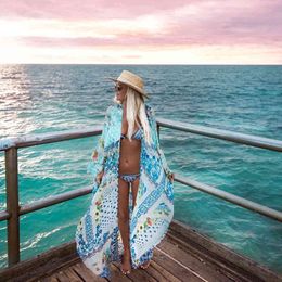 Beach Cover up Tunics for Print Chiffon Long Kaftan Bikini Robe de Plage Sarong Wrap Swimsuit cover #Q479 210420