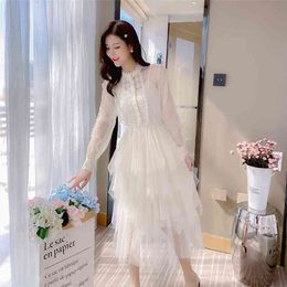 Spring Autumn Women's Dress Korean Style Pure Colour Sling Mesh Bottoming Long-sleeved Two-piece es QX894 210507