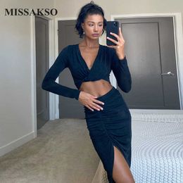 Missakso Women Crop Top Split Skirt Two Piece Set Party Long Sleeve Spring Autumn V Neck High Waist Holiday Casual Matching Set 210625