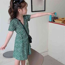 Summer Girls Dress Chinese Style Floral V-Neck Slim Short Sleeves Baby Kids Clothes Children'S Clothing 210625