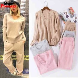 Women track suits sets Autumn Winter V-neck pullovers + long pants Soft warm knitted sweater 210524