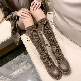 Winter Warm Leather Women Knee High Boots Fashion Riding Knight Boots Buckle Lace Up Military Combat Motorcycle Long Boots