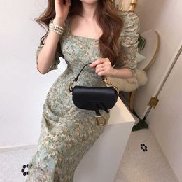 Chic Korean Square Neck Floral Print Chiffon Dress Women Puff Pleated Sleeve Lace Up Slim Vintage Vestido 210529