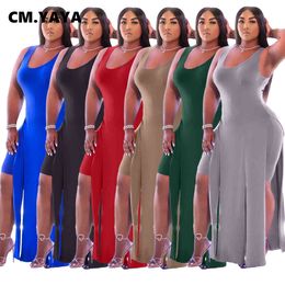 CM.YAYA Women Set Solid Sleeveless Split X-long Tops Sheath Elastic Shorts Matching Sets Two Piece Set Casual Outfits Summer X0428