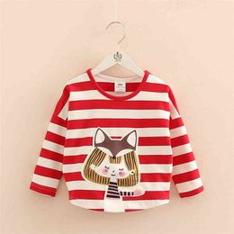 Spring Autumn Fashion 2-10 Years O-Neck Kids Tees Cute Little Child Baby Girls Striped Cartoon Cotton Long Sleeve T-Shirts 210701