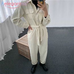 Aelegantmis Corduroy Rompers Female Sashes JumpSuit Women High Waist Loose Straight Overalls Streetwear Chic 210607