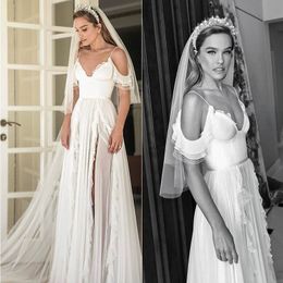 2021 Boho Wedding Dresses Bridal Gown Spaghetti Straps Chiffon Side Slit A Line Off The Shoulder Ruffles Custom Made Plus Size Sweep Train Vestidos De Novia 403 403