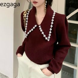 Ezgaga Knit Sweater Jumper Women Outwear Vintage Tender Pearl Turn-Down Collar Long Sleeve Pullover Elegant Korean Tops Casual 210430