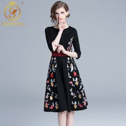 Winter Christmas Vintage Black Party Dress Women Runway Designer Floral Embroidery Autumn Clothing XXL 210520