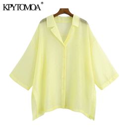 Women Sexy Fashion See Through Organza Loose Blouses Side Vents Button-up Female Shirts Chic Tops 210420