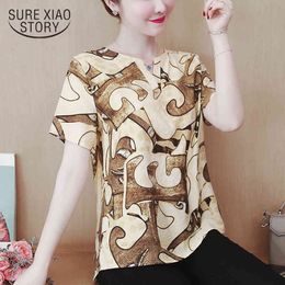 Summer Print Plus Size Blouse Tops Blusas V Neck Cotton And Linen Short Sleeve Shirt Women 8932 50 210415