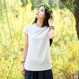 Johnature Vintage Short Sleeve T-Shirts Summer O-Neck Solid Colour Chinese Style Plate Buckle Cotton Linen Women T-Shirts 210521