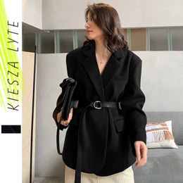 Woollen Suit Jacket With Belt Woman Autumn Winter Trendy Thick Solid Black Casual Oversize Blazer Streewear 210608
