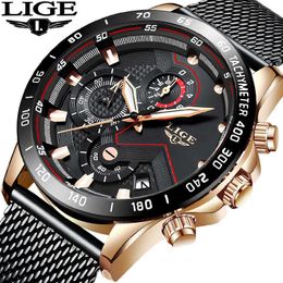 LIGE Mens Watches Stainless Steel Grid Quartz Watch Men's Multifunction Chronograph Date Display Sport Watch Relogio Masculino 210527