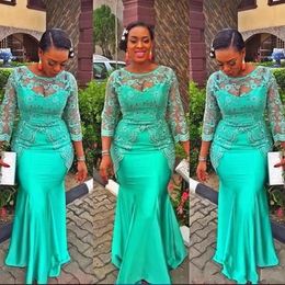 Charming Aso Ebi Green Long Sleeves Evening Dress Sheer Neck Lace Appliques Beads Mermaid Prom Dresses African Plus Size Party Dress Formal