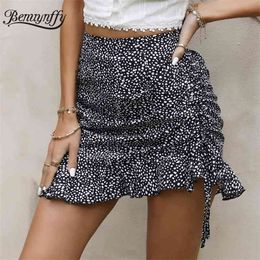 Casual Drawstring Side Ruffle Hem Skirts Women Summer Boho Zip Back High Waist Female Print Mini Skirt Woman 210510