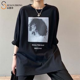 Spring Women T-Shirt Female Tops Sweatshirts Cosy Prints Loose Oversize Long Cotton O-Neck Drop Shoulder Split Hem 210720