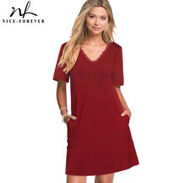 Nice-forever Casual Pure Colour with Pocket Dresses Women Straight Shift Summer Loose Dress btyT025 210419