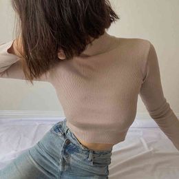 Casual Solid Turtleneck Long Sleeve Y2k Crop Top Black T-Shirt Side Drawstring Ruched White Tee Shirt Female Clothing Women 210415