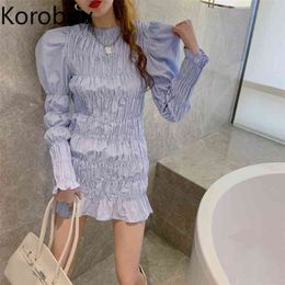 Korobov Korean Chic Spring Summer New Women Dress Elegant Vintage Puff Sleeve Dresses Sweet Short Sexy Vestidos 210430