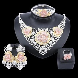 Earrings & Necklace Amazing Price Jewelry Sets African Bridal Multicolor Rose Shape Ring Dubai Wedding Crystal Women Fashion Jewellery